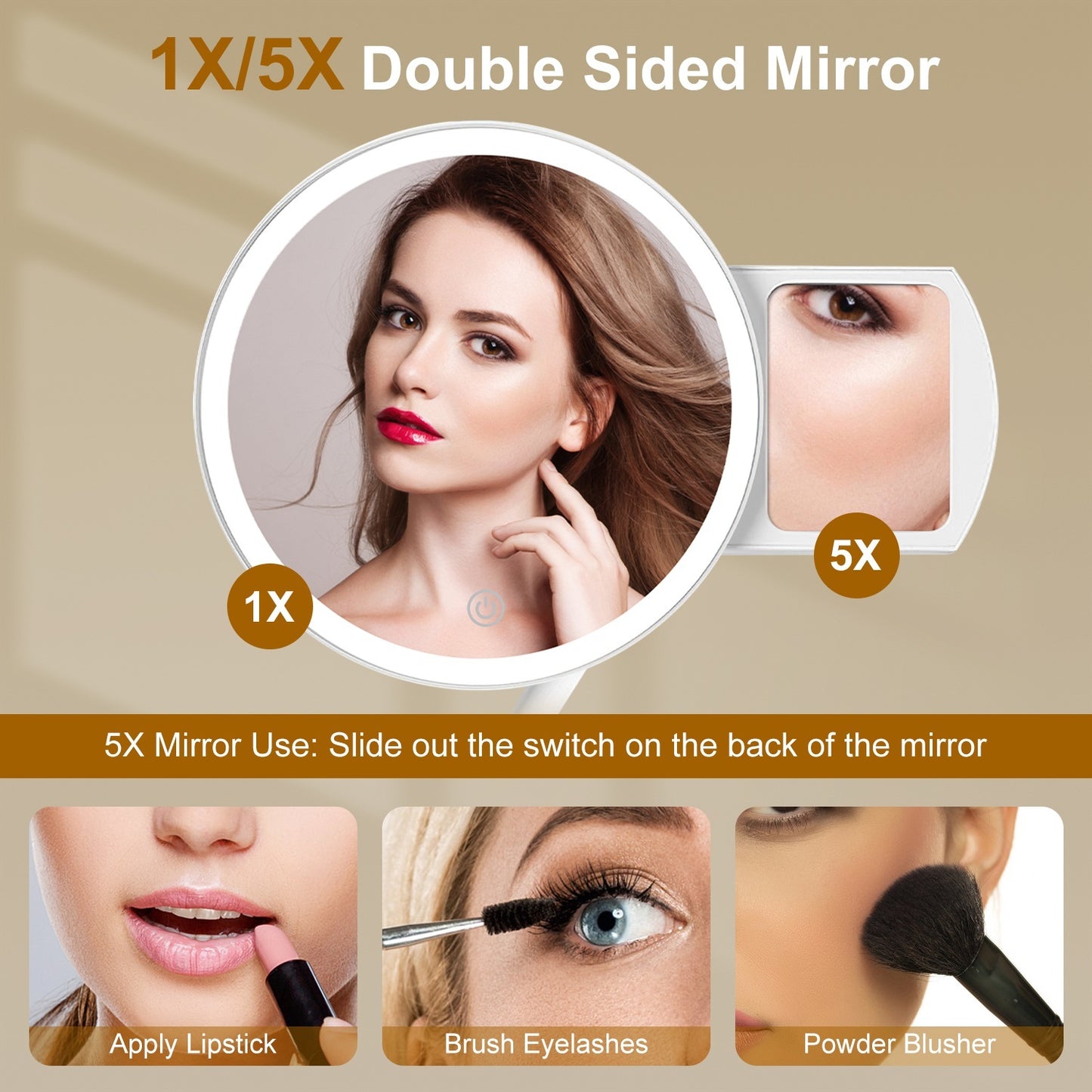 1Pc 7.48In 5X Magnifying Lighted Makeup Mirror Dimmable Magnification Mirror With Lights Lighted Vanity Mirror With 3 Light Colors